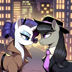 Size: 2048x2048 | Tagged: safe, ai content, derpibooru import, generator:pony diffusion v6 xl, generator:stable diffusion, machine learning generated, octavia melody, rarity, earth pony, pony, unicorn, g4, alternate hairstyle, alternate universe, building, city, cityscape, clothes, coat, detective rarity, duo, duo female, fedora, female, frown, glare, hair bun, hat, high res, looking at each other, looking at someone, mafia, mafia octavia, manehattan, mare, necktie, night, nose wrinkle, outdoors, prompter:tyto4tme4l, road, standoff, suit, trenchcoat