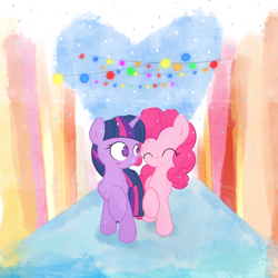 Size: 3000x3000 | Tagged: safe, artist:widelake, derpibooru import, pinkie pie, twilight sparkle, twilight sparkle (alicorn), alicorn, earth pony, g4, blushing, duo, duo female, female, heart, ornament, snow, snowfall, street