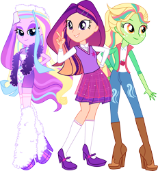 Size: 5004x5409 | Tagged: safe, artist:shootingstarsentry, derpibooru import, oc, oc only, oc:apple wish, oc:crystal frost, oc:twilight moon, equestria girls, absurd resolution, boots, clothes, female, leg warmers, miniskirt, offspring, parent:applejack, parent:caramel, parent:flash sentry, parent:prince blueblood, parent:rarity, parent:sunset shimmer, parents:carajack, parents:flashimmer, parents:rariblood, shoes, simple background, skirt, socks, thigh highs, thigh socks, transparent background