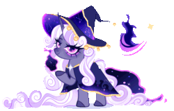Size: 3357x2153 | Tagged: safe, artist:gihhbloonde, derpibooru import, oc, oc only, pony, unicorn, animated, cape, clothes, colored hooves, ethereal tail, eyeshadow, female, gif, gradient horn, hat, horn, lidded eyes, long hair, long horn, long mane, long tail, looking at you, makeup, mare, parent:star swirl the bearded, parent:tantabus, pink eyes, raised hoof, raised leg, simple background, smiling, smiling at you, solo, standing, starry eyes, tail, transparent background, unicorn oc, unnamed oc, wingding eyes, wizard hat