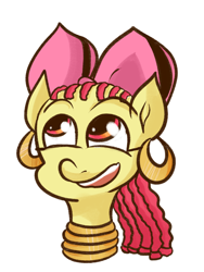 Size: 750x1000 | Tagged: safe, anonymous artist, derpibooru import, apple bloom, earth pony, pony, g4, alternate hairstyle, bust, cornrows, ear piercing, earring, fanfic fuel, female, filly, foal, hooped earrings, implied zecora, jewelry, neck rings, piercing, portrait, simple background, solo, white background