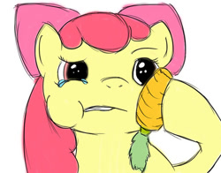 Size: 504x396 | Tagged: safe, artist:bees, derpibooru import, apple bloom, earth pony, pony, g4, carrot, female, filly, foal, food, simple background, solo, teary eyes, white background