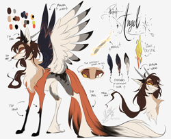 Size: 4968x4037 | Tagged: safe, artist:iheyyasyfox, derpibooru import, oc, oc only, oc:angel duke, hybrid, absurd resolution, belly fluff, chest fluff, concave belly, grin, horns, interspecies offspring, long feather, male, offspring, parent:discord, parent:princess celestia, parents:dislestia, simple background, slender, smiling, solo, spread wings, thin, thin legs, unshorn fetlocks, white background, wings