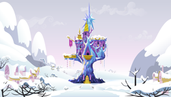 Size: 2003x1134 | Tagged: safe, artist:culu-bluebeaver, derpibooru import, edit, g4, castle, cloud, digital, digital art, houses, mountain, no pony, ponyville, scenery, snow, tree, twilight's castle, vector, vector edit, vector trace, winter