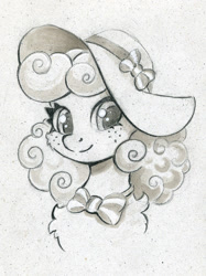 Size: 747x1000 | Tagged: safe, artist:maytee, derpibooru import, carrot top, golden harvest, earth pony, pony, g4, bowtie, bust, freckles, hat, monochrome, pencil drawing, portrait, simple background, smiling, solo, sun hat, traditional art