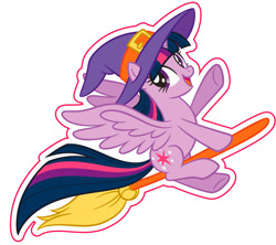 Size: 875x777 | Tagged: safe, derpibooru import, twilight sparkle, twilight sparkle (alicorn), alicorn, g4, 2d, adorable face, broom, cute, flying, hat, looking at you, merchandise, official, simple background, smiling, smiling at you, solo, sticker, vector, waving, white background, witch, witch hat