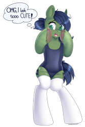 Size: 2000x3000 | Tagged: safe, artist:xcinnamon-twistx, derpibooru import, oc, oc only, oc:gray hat, earth pony, pony, semi-anthro, bipedal, clothes, dialogue, female, hooves on cheeks, mare, one-piece swimsuit, simple background, solo, swimsuit, transparent background, unshorn fetlocks
