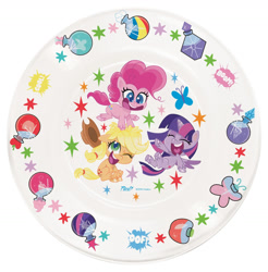 Size: 1541x1564 | Tagged: safe, derpibooru import, applejack, pinkie pie, twilight sparkle, twilight sparkle (alicorn), alicorn, butterfly, earth pony, g4, g4.5, my little pony: pony life, 2d, bottle, cutie mark, eyes closed, hat, laughing, merchandise, official, plate, pointing, potion, smiling, sparkle, together forever