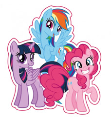 Size: 477x524 | Tagged: safe, derpibooru import, pinkie pie, rainbow dash, twilight sparkle, twilight sparkle (alicorn), alicorn, earth pony, pegasus, g4, 2d, flying, happy, looking at you, merchandise, official, patch, raised hoof, raised leg, simple background, smiling, smiling at you, sticker, white background