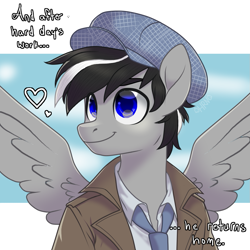 Size: 1023x1023 | Tagged: safe, artist:horsesarenaked, derpibooru import, oc, oc only, oc:chopsticks, anthro, pegasus, clothes, gift art, hat, heart, jacket, male, necktie, solo, spread wings, stallion, text, wings