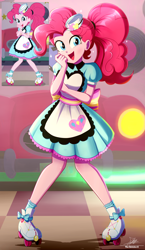 Size: 1934x3334 | Tagged: safe, artist:the-butch-x, derpibooru import, pinkie pie, coinky-dink world, eqg summertime shorts, equestria girls, g4, alternate hairstyle, apron, clothes, coat markings, cute, diapinkes, dress, female, hat, open mouth, ponytail, roller skates, screencap reference, server pinkie pie, skates, socks (coat marking), solo, waitress
