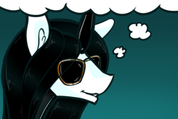 Size: 1200x800 | Tagged: safe, artist:sile-animus, derpibooru import, oc, oc only, oc:culpa, unicorn, clothes, dracula flow, glasses, gradient background, latex, latex suit, meme, smiling, smirk, solo, thought bubble