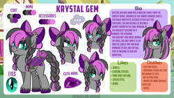 Size: 1191x671 | Tagged: safe, artist:jennieoo, derpibooru import, oc, oc only, oc:krystal gem, bat pony, pony, bow, braid, braided tail, female, hair bow, hairband, looking at you, mare, reference sheet, solo, twin braids