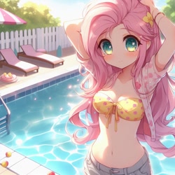 Size: 1024x1024 | Tagged: safe, ai content, derpibooru import, generator:bing image creator, generator:dall-e 3, machine learning generated, fluttershy, human, g4, adorasexy, anime, arm behind head, belly button, bikini, bikini top, blushing, breasts, cleavage, clothes, cute, denim, denim shorts, female, flower, flower in hair, humanized, looking at you, outdoors, sexy, shorts, shyabetes, smiling, smiling at you, solo, strapless bikini, stupid sexy fluttershy, swimming pool, swimsuit