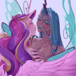 Size: 2048x2048 | Tagged: safe, artist:luverihu, derpibooru import, princess cadance, queen chrysalis, human, g4, blushing, breasts, cleavage, clothes, duo, duo female, eyes closed, eyeshadow, female, horn, horned humanization, humanized, infidelity, lesbian, lidded eyes, lipstick, makeup, ship:cadalis, shipping, winged humanization, wings