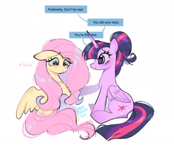 Size: 2048x1723 | Tagged: safe, artist:petaltwinkle, derpibooru import, fluttershy, twilight sparkle, twilight sparkle (alicorn), alicorn, pegasus, pony, g4, alternate hairstyle, blushing, comforting, crying, cute, dialogue, duo, ear blush, ears, female, floppy ears, folded wings, frown, hair bun, horn, looking at someone, looking down, mare, partially open wings, sad, shyabetes, signature, simple background, sitting, smiling, speech bubble, text, twiabetes, updo, white background, wings