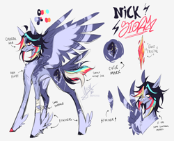 Size: 4968x4037 | Tagged: safe, artist:iheyyasyfox, derpibooru import, oc, oc only, oc:nick storm, pegasus, pony, absurd resolution, bandage, bandaged leg, bandaid, bandaid on nose, coat markings, concave belly, eye clipping through hair, feathered fetlocks, long legs, male, offspring, parent:rainbow dash, parent:soarin', parents:soarindash, reference sheet, simple background, slender, solo, spread wings, stallion, thin, white background, wings