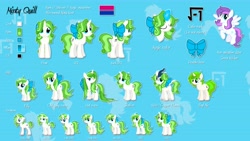 Size: 7680x4320 | Tagged: safe, alternate version, artist:minty root, derpibooru import, oc, oc:minty root, oc:snow kicker, oc:vinyl mix, kirin, pegasus, unicorn, absurd resolution, alternate hairstyle, bisexual pride flag, bow, butt, curly hair, curly mane, female, filly, foal, hair bow, magic, magic aura, male, mare, plot, pride, pride flag, reference sheet, show accurate, stallion, wet, wet mane