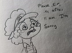 Size: 2048x1499 | Tagged: safe, artist:pony quarantine, derpibooru import, oc, oc only, earth pony, pony, bust, dialogue, female, frown, mare, mcdonald's, pencil drawing, solo, talking to viewer, teary eyes, traditional art, visor cap