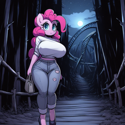 Size: 1024x1024 | Tagged: safe, ai content, derpibooru import, machine learning generated, pinkie pie, anthro, g4, adorasexy, big breasts, breasts, clothes, curvy, cute, denim, female, fence, forest, hourglass figure, huge breasts, jeans, moon, nature, night, pants, path, pinkie pies, prompter:horselover fat, purse, ripped jeans, ripped pants, sexy, solo, spooky, tight clothing, torn clothes, tree, walking, white shirt, wide hips