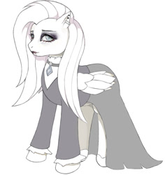 Size: 1061x1124 | Tagged: safe, artist:sleepypiggies, derpibooru import, fluttershy, pegasus, pony, g4, alternate hairstyle, clothes, dress, ear piercing, female, fluttergoth, folded wings, jewelry, looking at you, makeup, mare, necklace, partial color, piercing, simple background, solo, white background, wings
