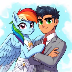 Size: 1024x1024 | Tagged: safe, ai content, derpibooru import, generator:bing image creator, machine learning generated, rainbow dash, soarin', human, pegasus, pony, g4, clothes, dress, female, humanized, interspecies, male, prompter:*rainbow dash*, rainbow dash always dresses in style, shipping, smiling, soarindash, spread wings, straight, suit, wings