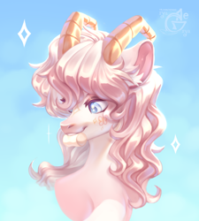 Size: 1800x2000 | Tagged: safe, artist:ryusya, derpibooru import, oc, oc only, pony, blue background, candy, curly hair, curly mane, ear fluff, ears, food, gradient background, horns, marshmallow, simple background, solo, sweets