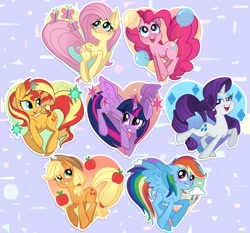 Size: 3976x3704 | Tagged: safe, artist:artomicmuffin, derpibooru import, applejack, fluttershy, pinkie pie, rainbow dash, rarity, sunset shimmer, twilight sparkle, twilight sparkle (alicorn), alicorn, earth pony, pegasus, pony, unicorn, g4, alternate mane seven, blushing, female, grin, heart, mane six, mare, open mouth, open smile, purple background, simple background, smiling