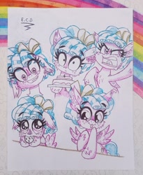 Size: 2380x2900 | Tagged: safe, artist:estrellasombria, derpibooru import, cozy glow, pegasus, pony, g4, angry, cake, cookie, female, filly, foal, food, grin, looking at you, mouth hold, smiling, solo, tongue, tongue out, traditional art