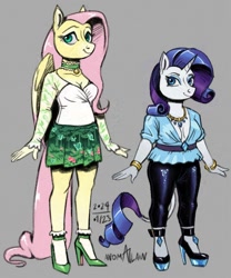 Size: 800x960 | Tagged: safe, artist:anomalain, derpibooru import, fluttershy, rarity, anthro, pegasus, plantigrade anthro, unicorn, g4, ankle socks, bracelet, breasts, choker, cleavage, clothes, duo, duo female, female, frilly socks, height difference, high heels, jewelry, leonine tail, mare, necklace, shoes, signature, skirt, smiling, socks, tail, tallershy