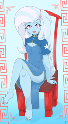 Size: 2745x5014 | Tagged: safe, artist:batipin, derpibooru import, trixie, human, equestria girls, g4, boob window, breasts, chair, cheongsam, chinese dress, cleavage, clothes, crossed legs, dress, feet, female, gradient background, multiple variants, schrödinger's pantsu, side slit, solo, total sideslit