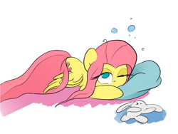 Size: 4000x3000 | Tagged: safe, artist:widelake, derpibooru import, fluttershy, g4, female, halo, one eye closed, pillow, simple background, sleepy, solo, teary eyes, white background