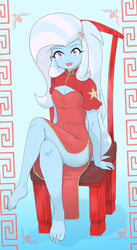 Size: 2745x5014 | Tagged: safe, alternate version, artist:batipin, derpibooru import, trixie, human, equestria girls, g4, boob window, breasts, chair, cheongsam, chinese dress, cleavage, clothes, crossed legs, dress, feet, female, gradient background, multiple variants, schrödinger's pantsu, side slit, solo, total sideslit