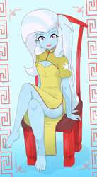 Size: 2745x5014 | Tagged: safe, alternate version, artist:batipin, derpibooru import, trixie, human, equestria girls, g4, boob window, breasts, chair, cheongsam, chinese dress, cleavage, clothes, crossed legs, dress, feet, female, gradient background, multiple variants, schrödinger's pantsu, side slit, solo, total sideslit