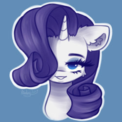 Size: 2000x2000 | Tagged: safe, artist:kindny-chan, derpibooru import, rarity, pony, g4, blue background, bust, portrait, simple background, solo