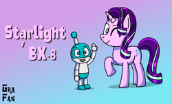 Size: 2155x1305 | Tagged: safe, artist:gradiusfanatic, derpibooru import, starlight glimmer, oc, oc:bx-8, robot, unicorn, female, gradient background, male, robot oc