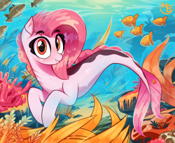 Size: 3991x3258 | Tagged: safe, artist:nevobaster, derpibooru import, oc, oc only, oc:koraru koi, fish, sea pony, seapony (g4), bubble, coral, crepuscular rays, cute, digital art, dorsal fin, female, fin, fish tail, flowing mane, flowing tail, gills, happy, looking at you, ocean, scales, seaweed, smiling, smiling at you, solo, sunlight, swimming, tail, teeth, underwater, water