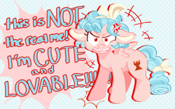 Size: 775x484 | Tagged: safe, artist:puroperopony, derpibooru import, cozy glow, pegasus, pony, g4, angry, blatant lies, cross-popping veins, emanata, female, filly, foal, looking at you, open mouth, patterned background, solo, text