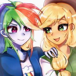 Size: 1280x1280 | Tagged: safe, artist:pulse, derpibooru import, applejack, rainbow dash, human, equestria girls, g4, arms, button-up shirt, clothes, collar, cowboy hat, female, fingers, freckles, hand, hand on shoulder, hat, long hair, looking at each other, looking at someone, open mouth, open smile, ponytail, shirt, smiling, smiling at each other, t-shirt, teenager