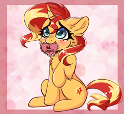 Size: 3500x3206 | Tagged: safe, artist:in4ri_, derpibooru import, sunset shimmer, pony, unicorn, g4, blushing, commissioner:sojournsunrise, cute, heart, holiday, looking up, mouth hold, raised hoof, raised leg, shimmerbetes, sitting, smiling, solo, valentine, valentine's day