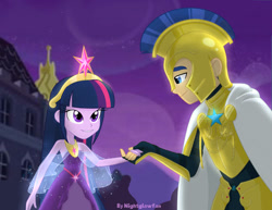 Size: 750x579 | Tagged: safe, artist:nightglowfan, derpibooru import, flash sentry, twilight sparkle, human, equestria girls, g4, armor, clothes, crown, dress, female, flashlight, jewelry, looking at each other, looking at someone, male, regalia, royal guard, shipping, smiling, smiling at each other, straight