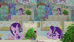 Size: 2000x1125 | Tagged: safe, derpibooru import, edit, edited screencap, editor:quoterific, screencap, phyllis, starlight glimmer, trixie, a horse shoe-in, g4, inkwell, potted plant, quill, starlight's office