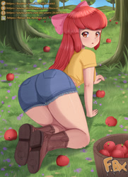 Size: 2480x3425 | Tagged: safe, alternate version, artist:focusb, derpibooru import, apple bloom, human, g4, :o, adorabloom, adorasexy, apple, apple bloomed, apple tree, ass, bloom butt, blushing, boots, bow, breasts, bucket, butt, clothes, cute, denim, denim shorts, female, food, hair bow, high res, humanized, looking at you, older, older apple bloom, open mouth, sexy, shirt, shoes, shorts, solo, text, tree