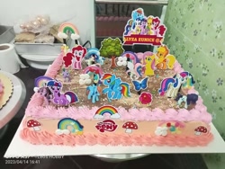 Size: 720x540 | Tagged: safe, derpibooru import, bon bon, fluttershy, pinkie pie, princess celestia, rainbow dash, rarity, spike, sweetie drops, twilight sparkle, g4, cake, food, irl, my little pony logo, photo