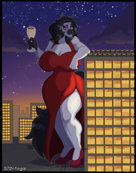 Size: 3000x3808 | Tagged: safe, artist:autumnmelody, derpibooru import, oc, oc:oretha, anthro, building, champagne glass, city, clothes, dress, female, giantess, happy new year, holiday, macro, new years eve