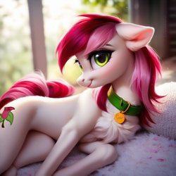 Size: 1024x1024 | Tagged: safe, ai content, derpibooru import, generator:purplesmart.ai, generator:stable diffusion, machine learning generated, roseluck, earth pony, pony, g4, blushing, chest fluff, collar, cute, female, fluffy, lying down, mare, on side, pet collar, pet tag, pony pet, prompter:doom9454, rosepet, smiling