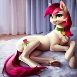 Size: 1024x1024 | Tagged: safe, ai content, derpibooru import, generator:purplesmart.ai, generator:stable diffusion, machine learning generated, roseluck, earth pony, pony, g4, carpet, chest fluff, collar, cute, female, fluffy, lying down, lying on the floor, mare, on floor, on side, pet collar, pet tag, pony pet, prompter:doom9454, rosepet, smiling
