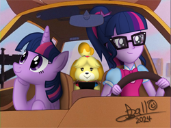 Size: 4160x3118 | Tagged: safe, artist:tidmouthmilk12, derpibooru import, twilight sparkle, twilight sparkle (alicorn), alicorn, dog, human, pony, equestria girls, g4, a goofy movie, animal crossing, bowtie, car, car interior, clothes, crossover, driving, female, glasses, goofy movie meme, hand, happy, hoof on chin, horn, isabelle, long hair, meme, nintendo switch, ponytail, puffy sleeves, shirt, signature, smiling, tanktop, teenager, twolight, wings