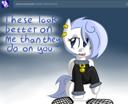 Size: 1280x1047 | Tagged: safe, artist:penguinpotential, derpibooru import, oc, oc:frigid drift, pegasus, pony, ask frigid drift, ear piercing, earring, female, fishnet stockings, jewelry, mare, piercing, solo