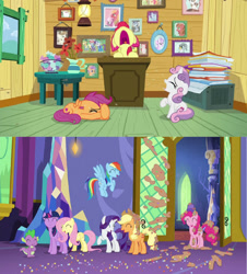 Size: 850x940 | Tagged: safe, derpibooru import, edit, edited screencap, screencap, apple bloom, applejack, fluttershy, pinkie pie, rainbow dash, rarity, scootaloo, spike, sweetie belle, twilight sparkle, twilight sparkle (alicorn), alicorn, dragon, earth pony, pegasus, pony, unicorn, castle sweet castle, g4, the last crusade, clubhouse, confetti, crusaders clubhouse, crying, cutie mark crusaders, eyes closed, female, filly, foal, laughing, male, mane seven, mane six, mare, twilight's castle